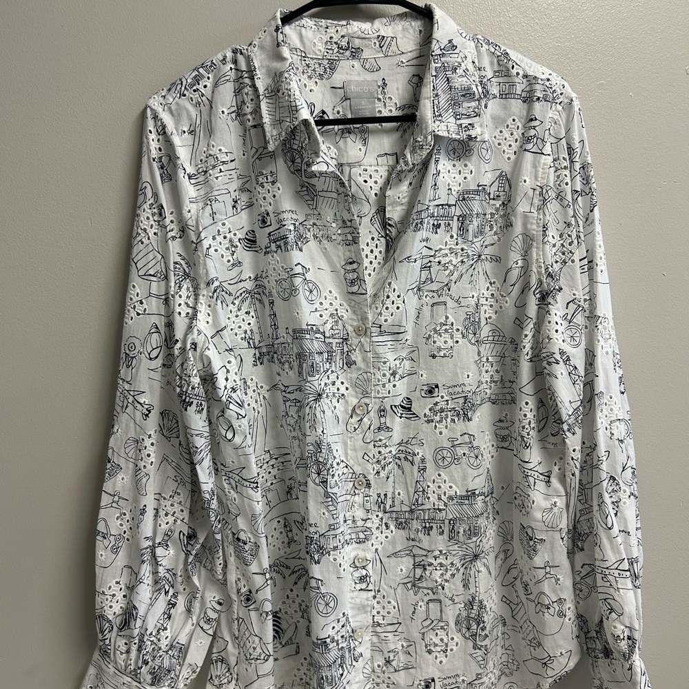 Chico's White and Black Graphic Button Down Tunic